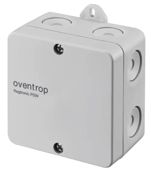 Oventrop Signalkonverter in quadratischer Form mit zwei Anschlussöffnungen, montierbar und in neutraler Farbe, geeignet für die Regelung von Hocheffizienzpumpen.